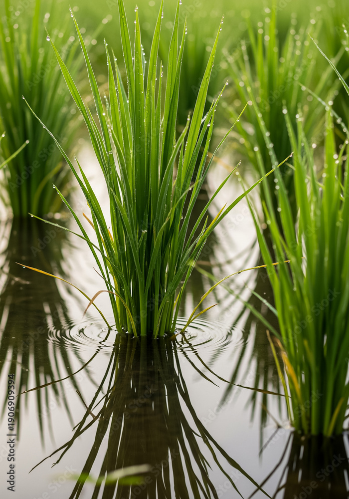 Obraz premium Rice seedlings in flooded field with water drops for agriculture and growth concept