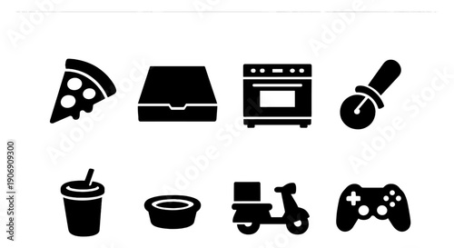 Pizza and delivery icons with oven and gaming controller
