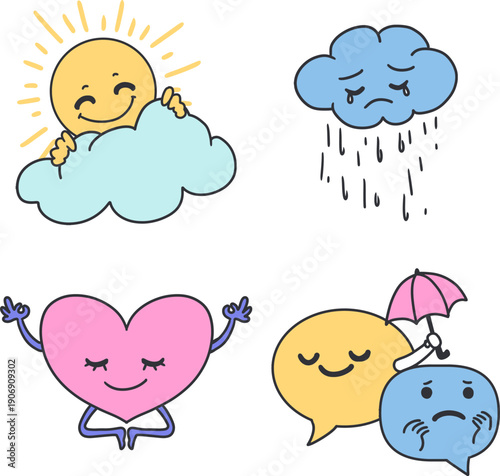 Emotion Characters Vector Art Mental Health Theme. Perfect for emotions education, mental health awareness, wellness content, children learning, apps, social media, posters, and infographics