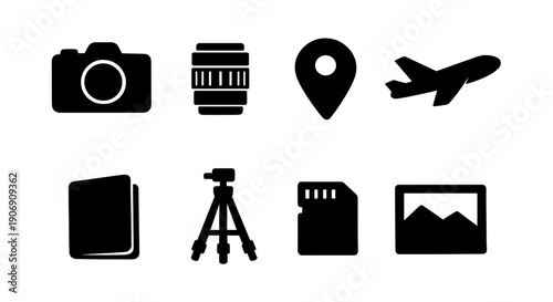 Camera equipment icons: photography, travel, and storage symbols in black silhouette