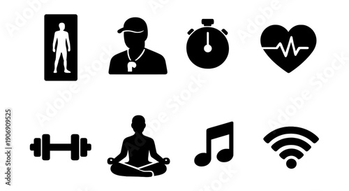 Fitness and wellness icons featuring yoga, music, stopwatch, and heartbeat symbols