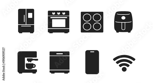 Home appliance icons: refrigerator, oven, stove, air fryer, coffee maker, dishwasher, smartphone, wifi