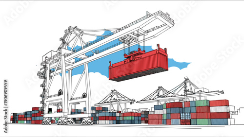 Modern shipping port with cargo cranes and containers in line art style