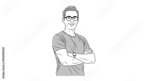 Confident man in glasses with folded arms linear art style