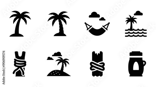 Tropical silhouette icons: palm trees, hammocks, and ocean scenes in minimalist style