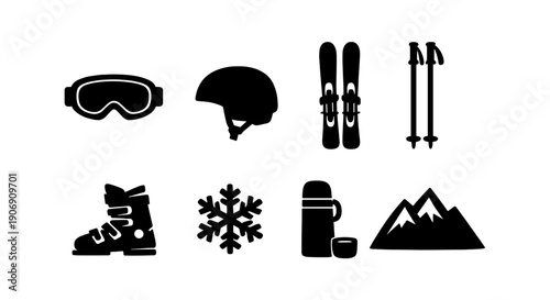Ski equipment icons: goggles, helmet, skis, poles, boot, snowflake, thermos, mountain