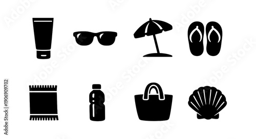 Essential beach items icons - sunglasses, umbrella, flip-flops, towel, bottle, beach bag, shell, sunscreen