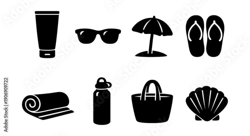Beach essentials icons: sunglasses, umbrella, flip flops, towel, bottle, bag, shell