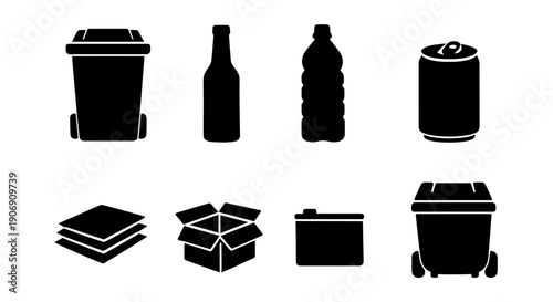 Silhouette icons of recycling bins and containers for waste management