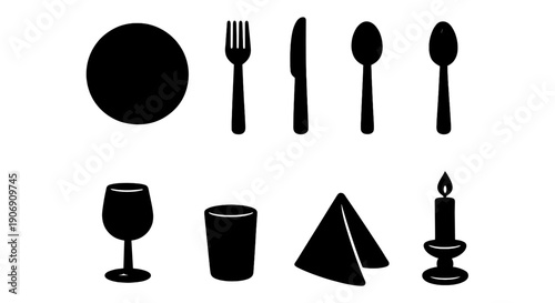Silhouette dining set with plate, cutlery, glass, napkin, and candle