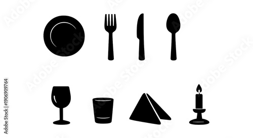 Silhouette of dining utensils: plate, cutlery, glassware, napkin, candle