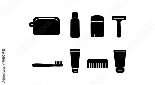 Collection of black silhouette personal care items on white background