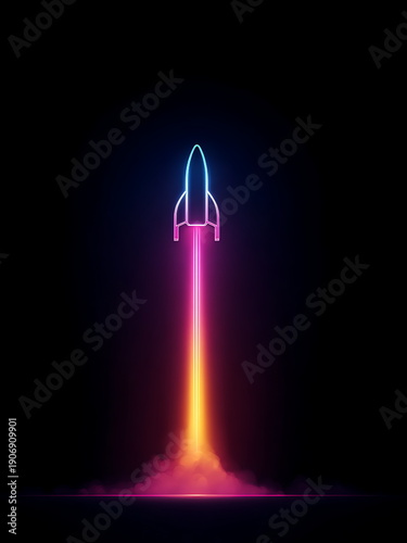 A neon rocket is launching into space.