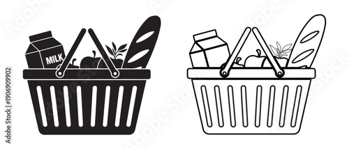 Shopping basket with food and grocery items inside  milk  bread  fruits