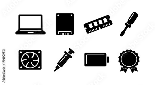 Computer hardware icons: laptop, ssd, ram, screwdriver, fan, syringe, battery, award