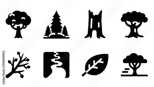 Nature icon set: trees and leaves in bold silhouette style