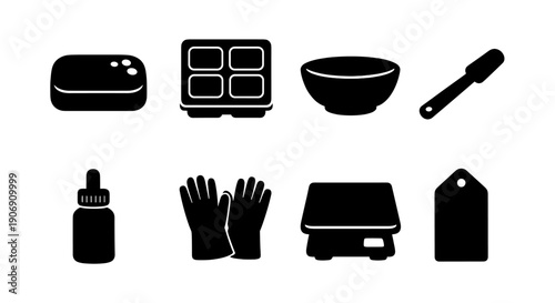 Silhouette icons of soap making tools and accessories