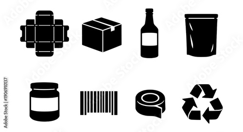 Packaging icons set: box, bottle, pouch, barcode, tape, recycling symbol