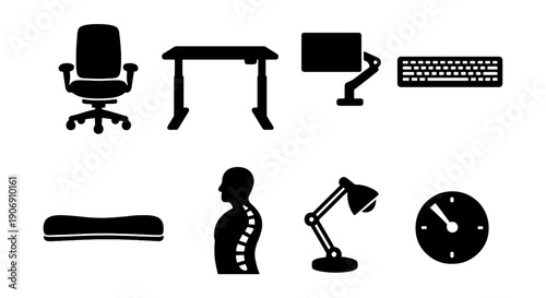 Ergonomic office setup with desk, chair, monitor, and accessories for comfortable work environment