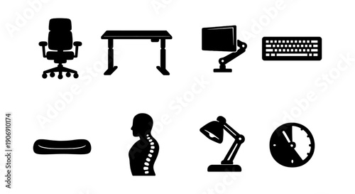 Ergonomic office essentials: adjustable chair, desk, monitor, keyboard, wrist rest, spine support, lamp, clock