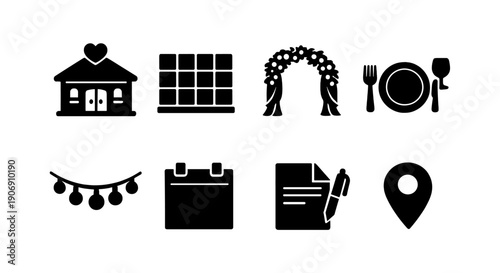 Wedding planning icons - venue, catering, calendar, decorations, checklist