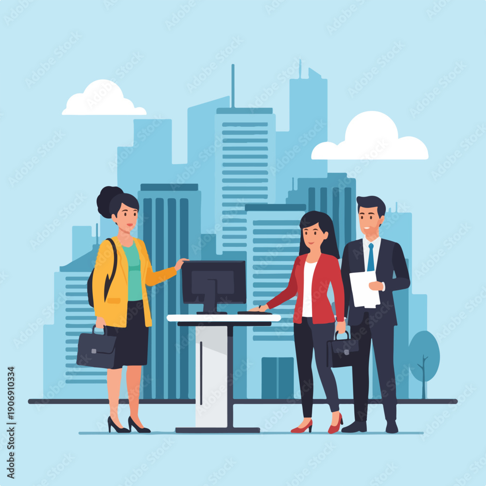 Obraz premium Group of business people near a computer with a cityscape backdrop