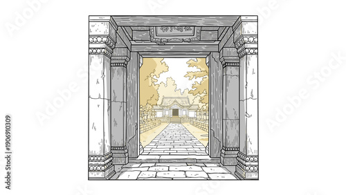Ancient temple gateway with stone columns and architectural details in linear style