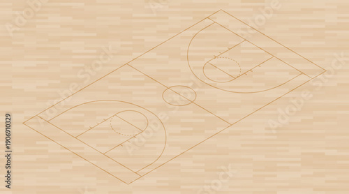 Angled top view basketball court background with wooden floor texture and clean line markings
