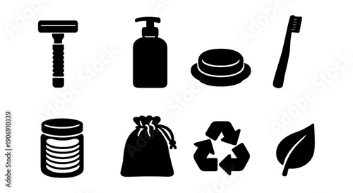 Minimalist eco-friendly personal care icons: shaving, hygiene, recycling
