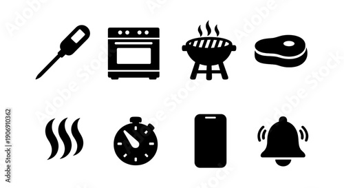 Cooking icons: thermometer, oven, grill, steak, steam, timer, smartphone, bell