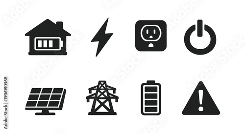 Energy icons: house, lightning bolt, outlet, power button, solar panel, tower, battery, warning