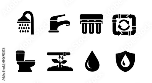 Water conservation icons: shower, faucet, filter, recycling, toilet, irrigation, drop, shield