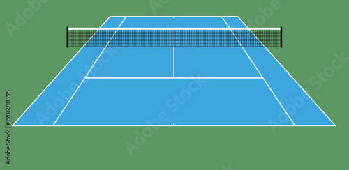Perspective view of a blue tennis hard court with clear white lines and a central net