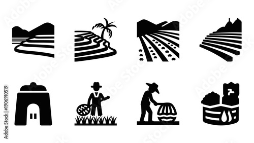 Farming icons: black and white agriculture silhouette set