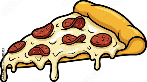 A fun, cartoon-style illustration of a pizza slice with dripping, melted cheese. Perfect for food blogs, menus, or advertising fast, casual dining.