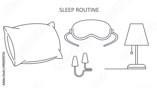 Illustration of items for a sleep routine including a pillow, eye mask, and lamp.