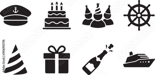 Party Icons Silhouette: A collection of festive silhouette icons representing celebratory elements, perfect for designing invitations or event graphics.