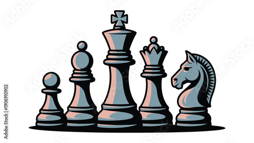 Stylized Chess Pieces, King, Queen, Rook, Knight Set Representing Strategy, Planning, Competition, Board Game Design, Vector Illustration for Gaming and Educational Concepts.