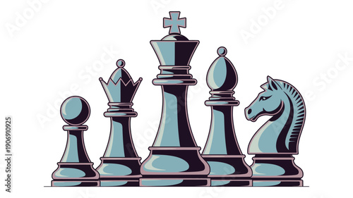 Stylized Chess Pieces, King, Queen, Rook, Knight Set Representing Strategy, Planning, Competition, Board Game Design, Vector Illustration for Gaming and Educational Concepts.
