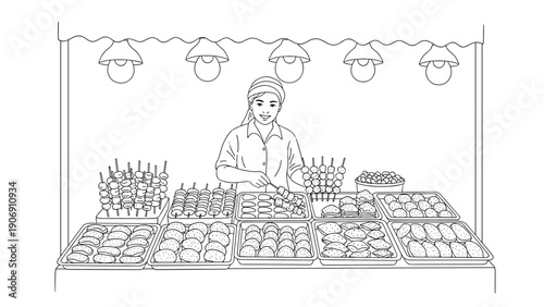 Street food vendor at market stall with baked goods and snacks display