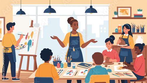 Illustration of a diverse group of people in an art class