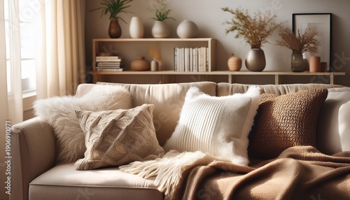 cozy living room decor with throw pillows and blanket