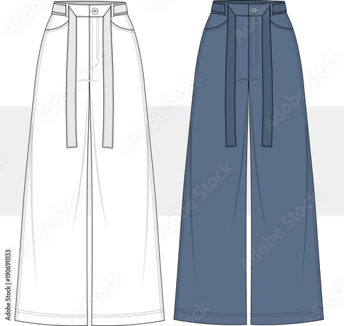 Boyfriend Jeans, Mom fit Jeans, High Rise Denim with belted detail. Blue Jeans vector. Fashion Flat Sketch Illustration, Technical Drawing, Flat Drawing. Cad, Mockup.