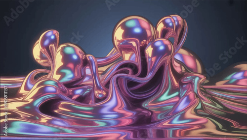 A vector illustration of the effect of a chaotic bubbling liquid with a spectrum of metallic hues and a neon glow.
