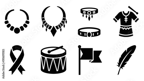 Native american cultural symbols set: traditional icons in black silhouette style