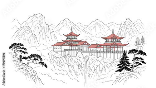 Traditional japanese temple in scenic mountain landscape with red pagoda roofs