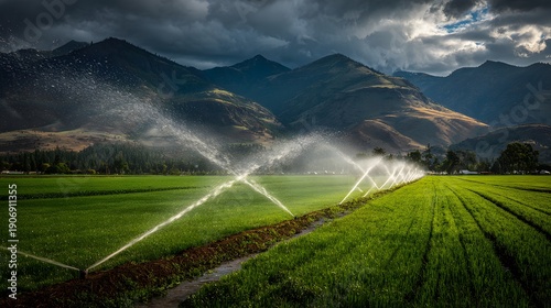 Large irrigation pipe sprays a mist of water over a vast green field with sunbeams creating a rainbow against a backdrop of distant peaks.
