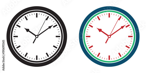 Two analog wall clocks with different color schemes and hands