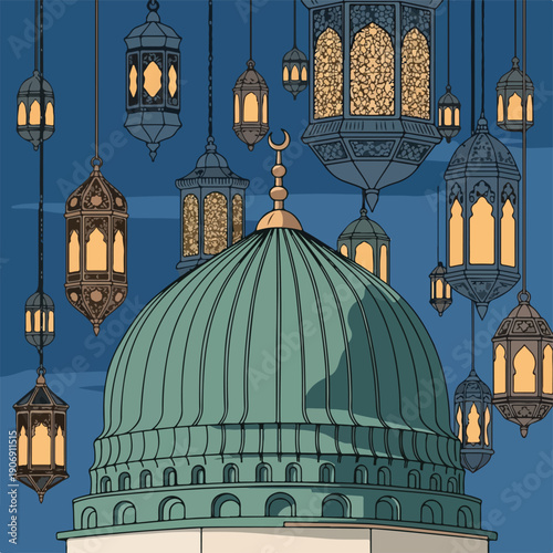 Illustration of a dome with lanterns hanging against a blue sky