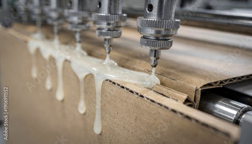 Closeup medium shot of cold glue being precisely applied to carton edges on a foldinggluing line emphasizing controlled adhesion and cool bonding for delicate packaging.